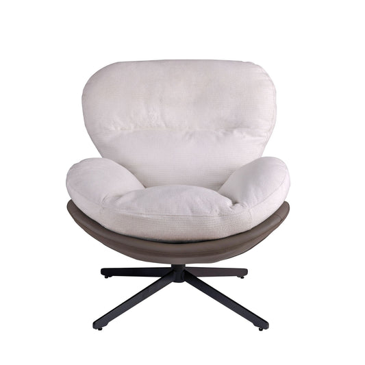 Lucvara 360° Swivel Office Chair – Modern White Chenille Upholstered Accent Chair with Faux Leather Trim & Black Metal Base, Armless No-Wheel Lounge Chair for Living Room, Bedroom, or Office