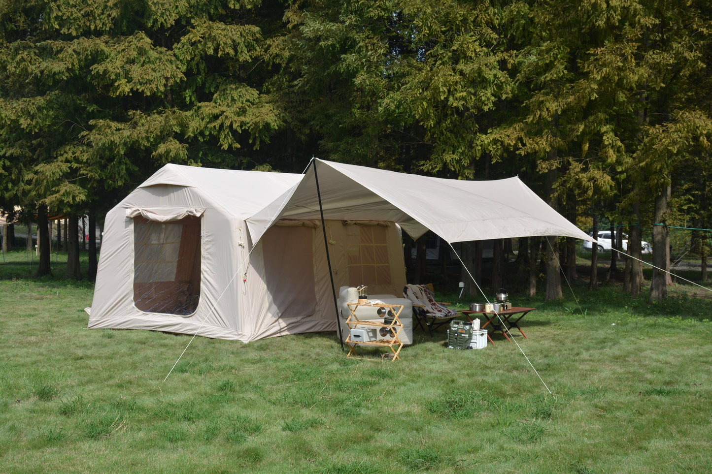 Lucvara 9.8'x13' Inflatable Camping Tent with Canopy, Hand Pump Included – Easy Setup, Waterproof and Windproof Air Glamping Tent, Beige