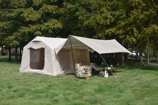 Lucvara 9.8'x13' Inflatable Camping Tent with Canopy, Hand Pump Included – Easy Setup, Waterproof and Windproof Air Glamping Tent, Beige