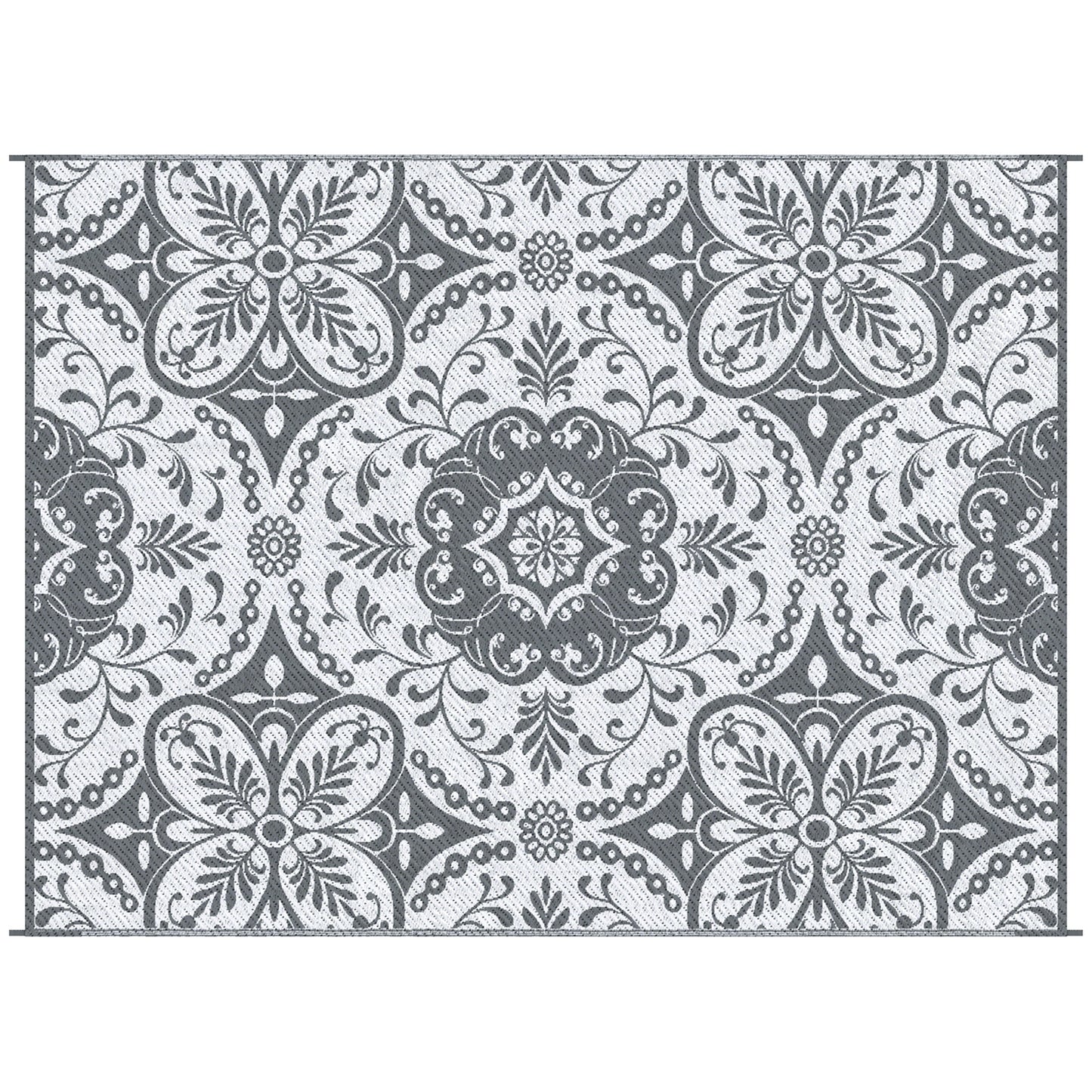 Lucvara 9' x 12' Reversible Outdoor Rug – Waterproof Plastic Straw Carpet for Backyard, Deck, Picnic, Beach, Portable RV Camping Rug with Carry Bag, Gray & White Floral