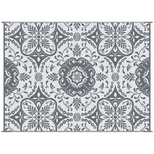 Lucvara 9' x 12' Reversible Outdoor Rug – Waterproof Plastic Straw Carpet for Backyard, Deck, Picnic, Beach, Portable RV Camping Rug with Carry Bag, Gray & White Floral