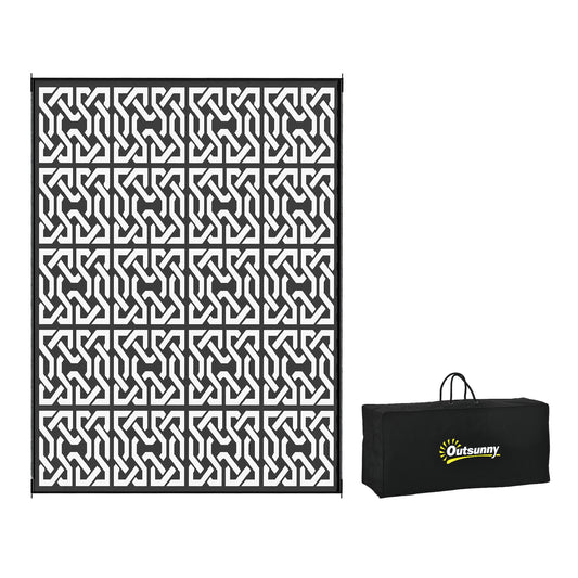 Lucvara 9' x 12' Reversible Outdoor Rug – Waterproof Plastic Straw Floor Mat for Backyard, Deck, Picnic, Beach, Portable RV Camping Rug with Carry Bag, Black & White Chain Pattern