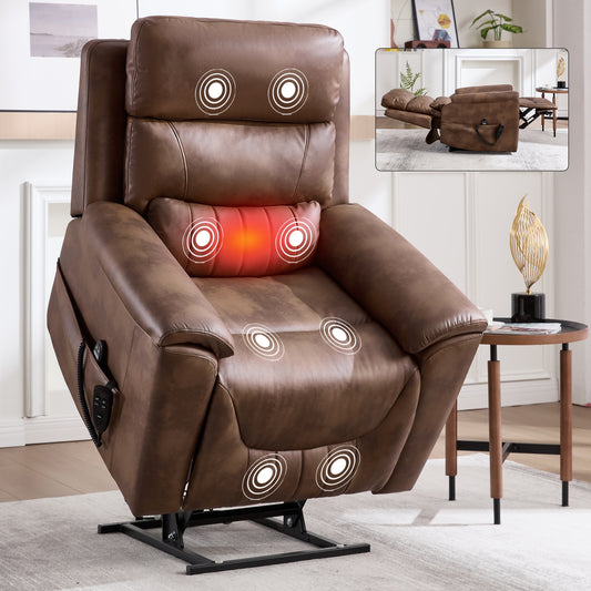 Dual Motor Infinite Position Up to 350 LBS Leatherair Power Lift Recliner Chair, Heavy Duty Motion Mechanism with 8-Point Vibration Massage and Lumbar Heating,Brown