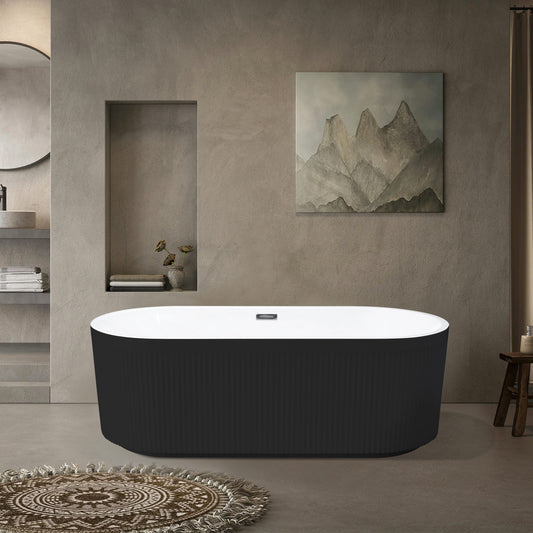 Lucvara 67" Acrylic Freestanding Bathtub, Glossy Black with Unique Pleated Design, Chrome Overflow & Pop-Up Drain, cUPC Certified Modern Soaking Tub