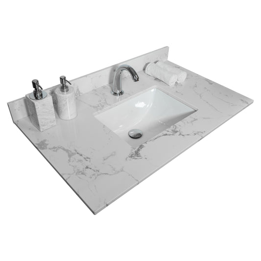 Lucvara 31-Inch Stone Vanity Top – White Marble Engineered Stone with Ceramic Undermount Sink, Single Faucet Hole & Matching Backsplash