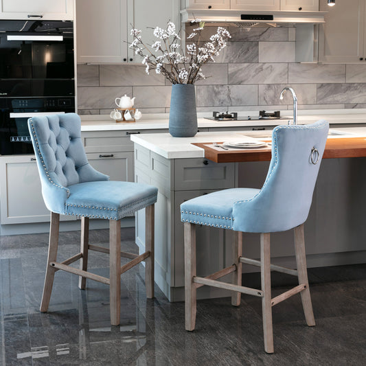 Lucvara Set of 2 Contemporary Velvet Upholstered Barstools, Button-Tufted Light Blue Bar Chairs with Wooden Legs and Chrome Nailhead Trim, Leisure Style Seating