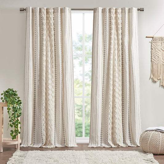 Lucvara Cotton Printed Curtain Panel with Chenille Stripe and Lining, Ivory, 50x84-Inch