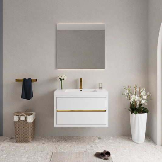 Lucvara 36" Wall-Mounted Bathroom Vanity with Sink, Floating Storage Cabinet, Stone Resin Countertop, Soft Close Drawers, Glossy White Modern Bathroom