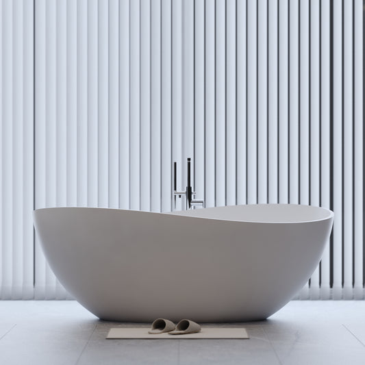 Lucvara 63" Freestanding Solid Surface Bathtub, Luxury Engineered Stone Resin Soaking Tub with Overflow & Pop-Up Drain, Matte White, Modern Contemporary Bathroom