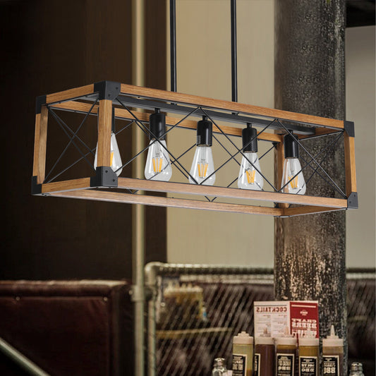 Lucvara 32" Walnut Industrial Farmhouse 5-Light Rectangle Pendant Chandelier, Dining Room, Kitchen Island, or Cafe Lighting, Bulbs Not Included