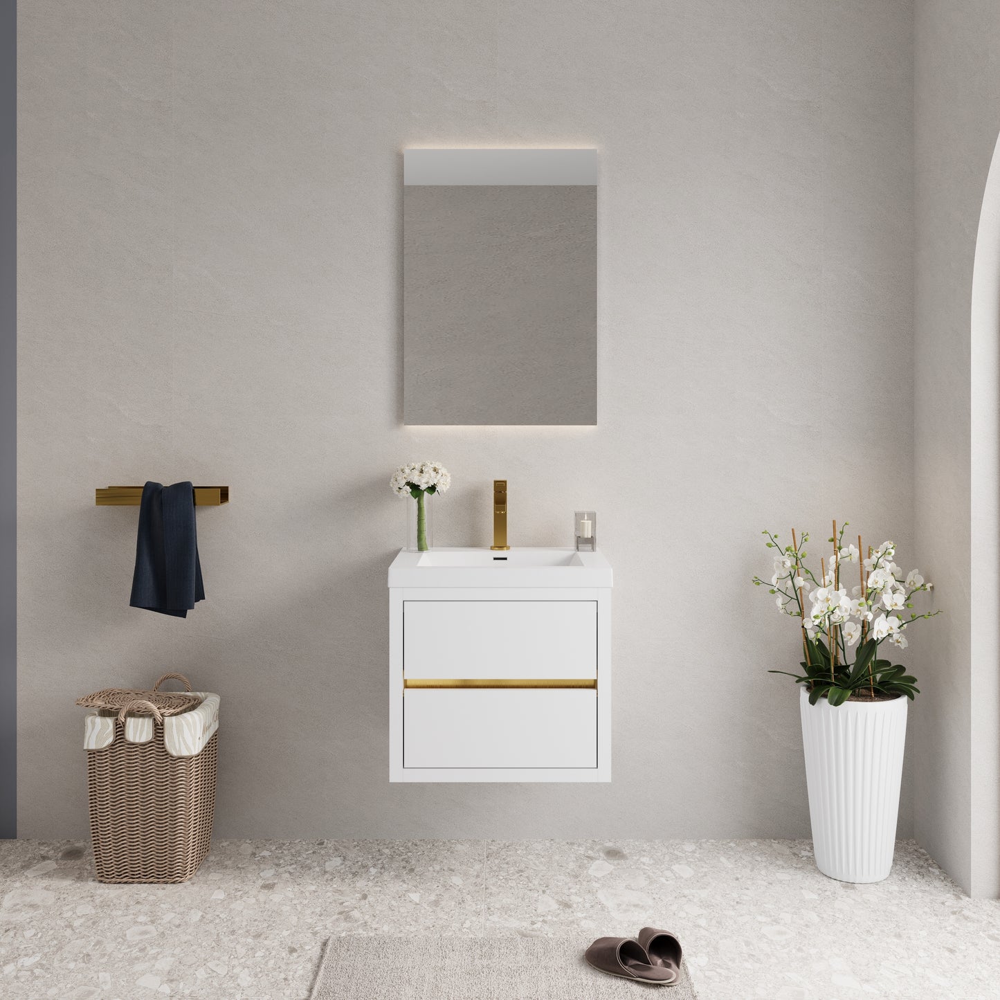 Lucvara 24" Wall-Mounted Bathroom Vanity with Sink – Floating Bathroom Storage Cabinet with Stone Resin Countertop, Soft Close Drawers, Glossy White