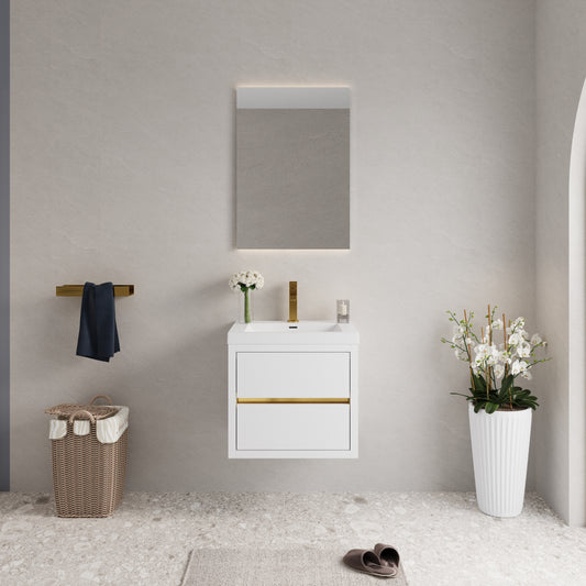 Lucvara 24" Wall-Mounted Bathroom Vanity with Sink – Floating Bathroom Storage Cabinet with Stone Resin Countertop, Soft Close Drawers, Glossy White