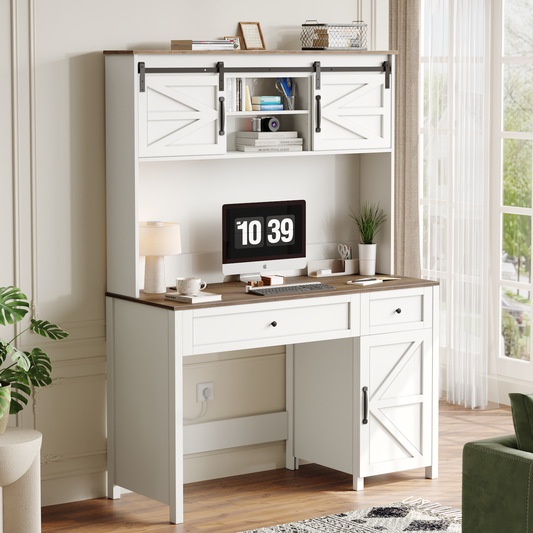 Lucvara 47" Farmhouse Executive Desk with Drawers, Rustic Wood Home Office Computer Desk with Charging Station, File Drawer & Storage Cabinet, White (47.24"W x 19.69"D x 67.91"H)