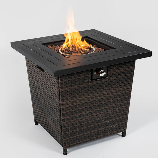 Lucvara 28-Inch Propane Fire Pit Table – Outdoor Black Wicker with Steel Top, 50,000 BTU Gas Heating