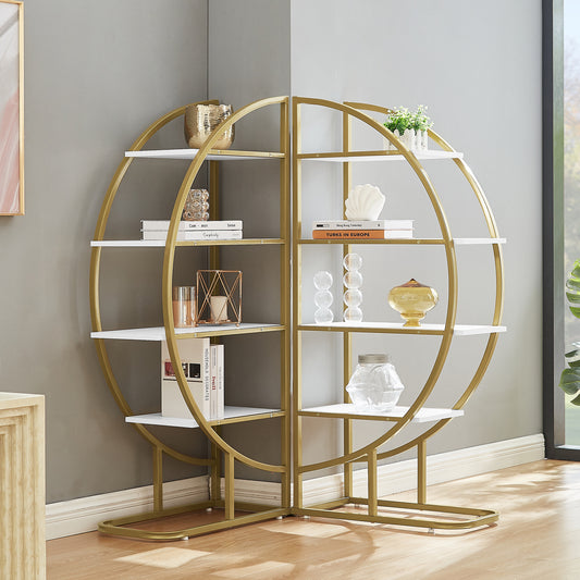 Lucvara 4-Tier Round Home Office Bookshelf, Open Storage Shelves with Gold Metal Frame, MDF Board, Multiple Placement Options, White