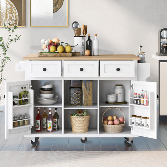Lucvara Kitchen Cart with Rubberwood Drop-Leaf Countertop – 5-Wheel Mobile Kitchen Island with Storage Cabinet, 3 Drawers, and Internal Racks, White