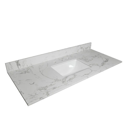 Lucvara 43×22 Bathroom Stone Vanity Top – Carrara White Marble Engineered Stone with Rectangle Ceramic Undermount Sink, 3 Faucet Holes & Backsplash