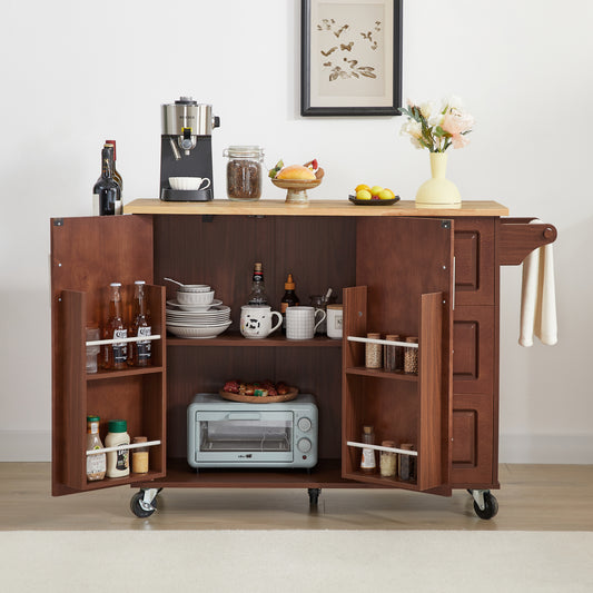 Lucvara Rolling Kitchen Island with Drop-Leaf Countertop, Barn Door Style Kitchen Cart with Storage Cabinet and Tower Rack, Mobile Island Table on Wheels – Retro Brown