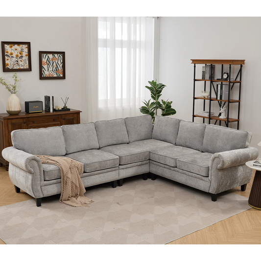 Lucvara 109.5" Modular L-Shaped Sectional Sofa, 6-Seater Chenille Couch with Rivet-Decorated Rolled Armrests and 7 Back Cushions, Light Gray, Corner Sofa for Living Room