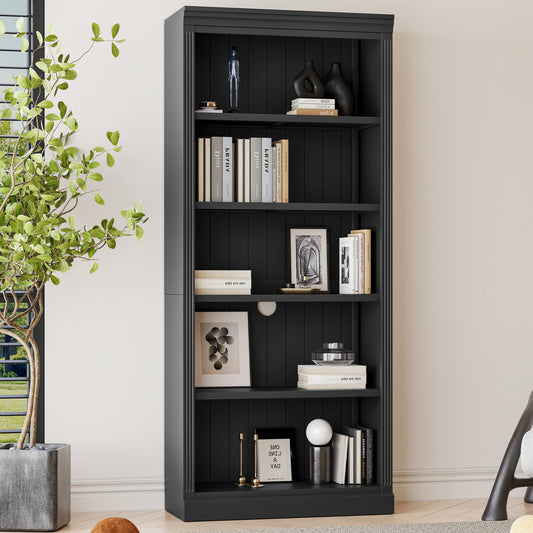 Lucvara 83.4" Tall 5-Tier Wood Bookcase with Light Strip, Adjustable Shelves, Freestanding Storage Organizer for Books, CDs, Movies, Living Room or Home Office, Black