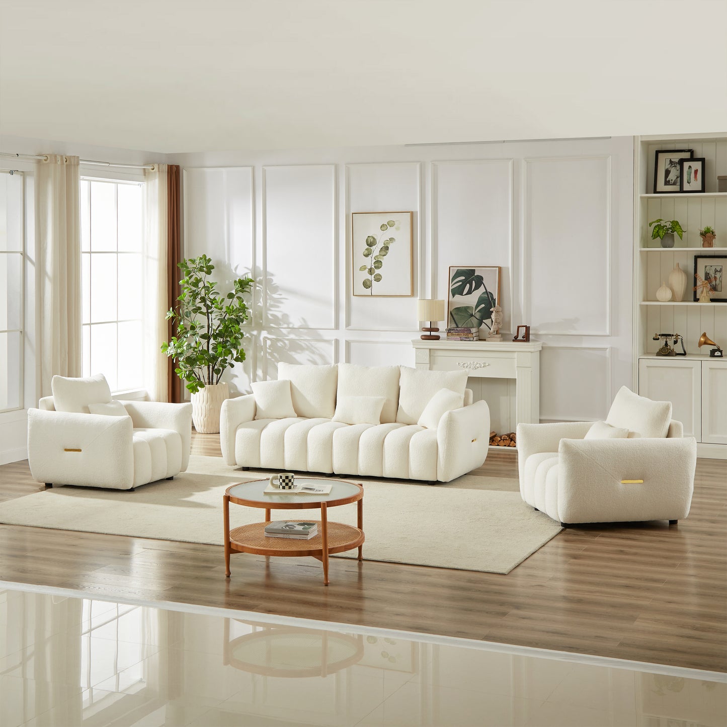3 Seater + 1 Seater +1 Seater, Combo Sofa Modern Living Room Sofa, Teddy Sofa, Wooden Frame, 5 Cushions, Apartment Sofa Furniture