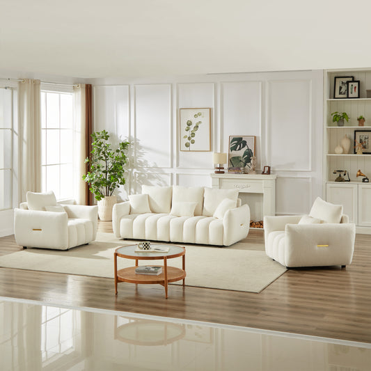 3 Seater + 1 Seater +1 Seater, Combo Sofa Modern Living Room Sofa, Teddy Sofa, Wooden Frame, 5 Cushions, Apartment Sofa Furniture