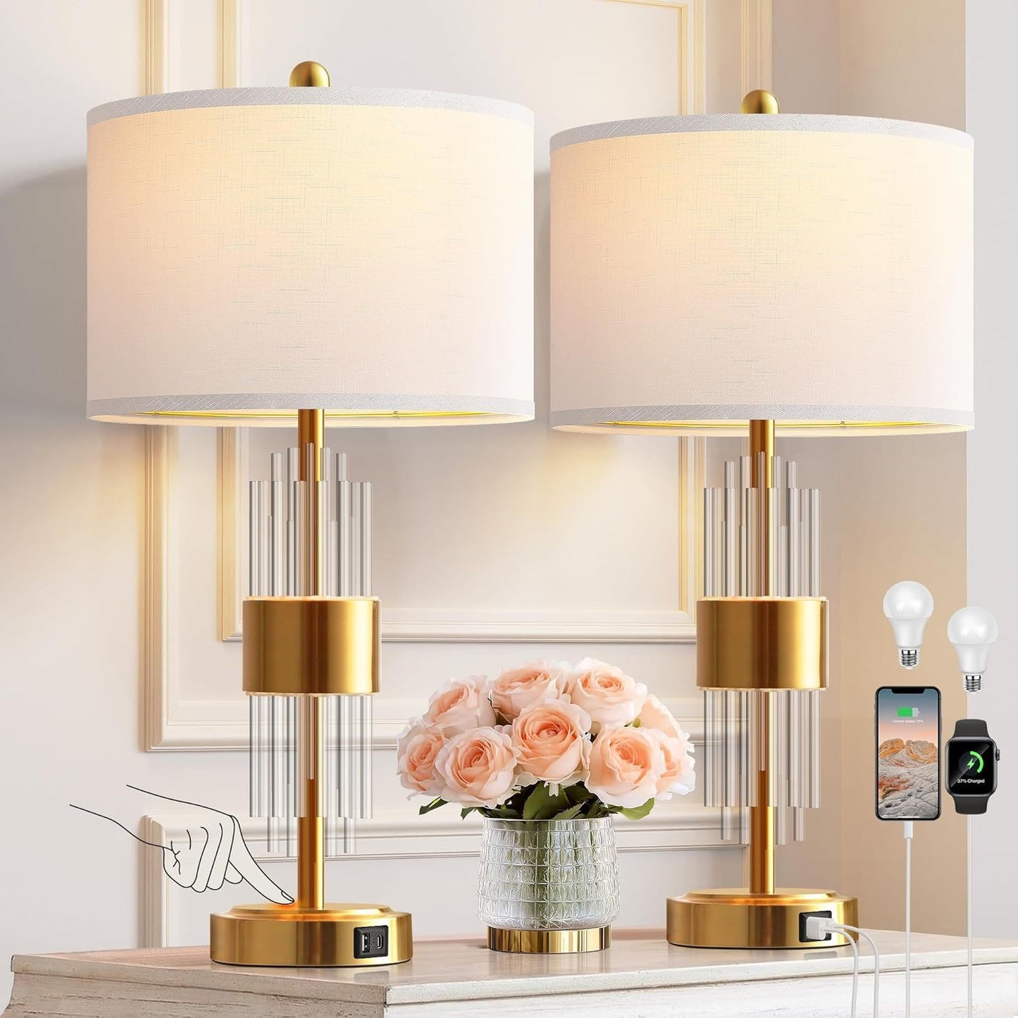 Lucvara Modern Bedside Table Lamps, Set of 2 – Golden Base with Touch Control, USB Charging Ports, White Drum Shades & 2700K LED Bulbs for Bedroom or Living Room