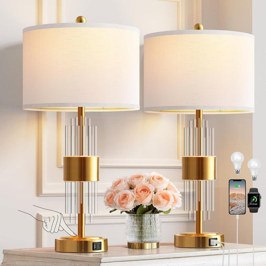 Lucvara Modern Bedside Table Lamps, Set of 2 – Golden Base with Touch Control, USB Charging Ports, White Drum Shades & 2700K LED Bulbs for Bedroom or Living Room