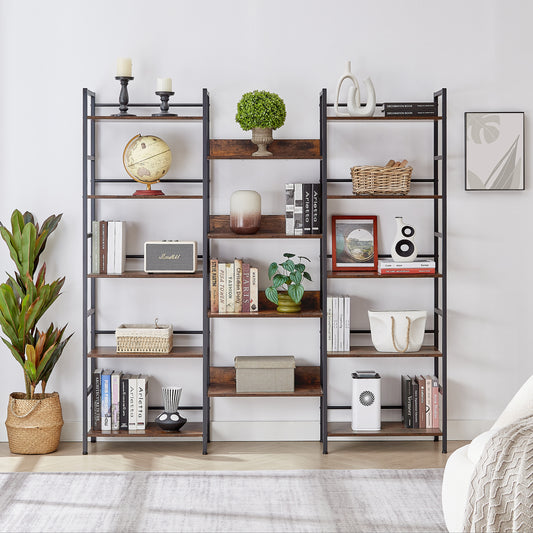 Lucvara Triple-Wide 5-Shelf Industrial Bookshelf, Retro Wooden Style Open Storage Shelves for Home and Office, Large Rustic Brown Bookcase, 69.3"W x 11.8"D x 70.1"H