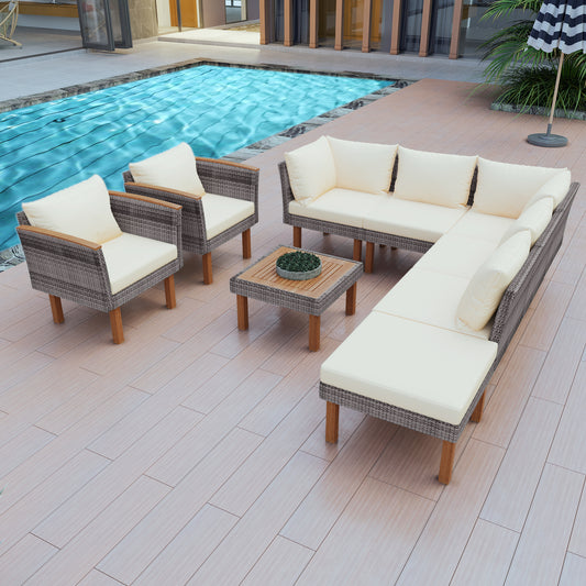 Lucvara 9-Piece Patio Rattan Furniture Set with Acacia Wood Legs & Tabletop, Outdoor Conversation Sectional Sofa Set with Coffee Table & Washable Beige Cushions
