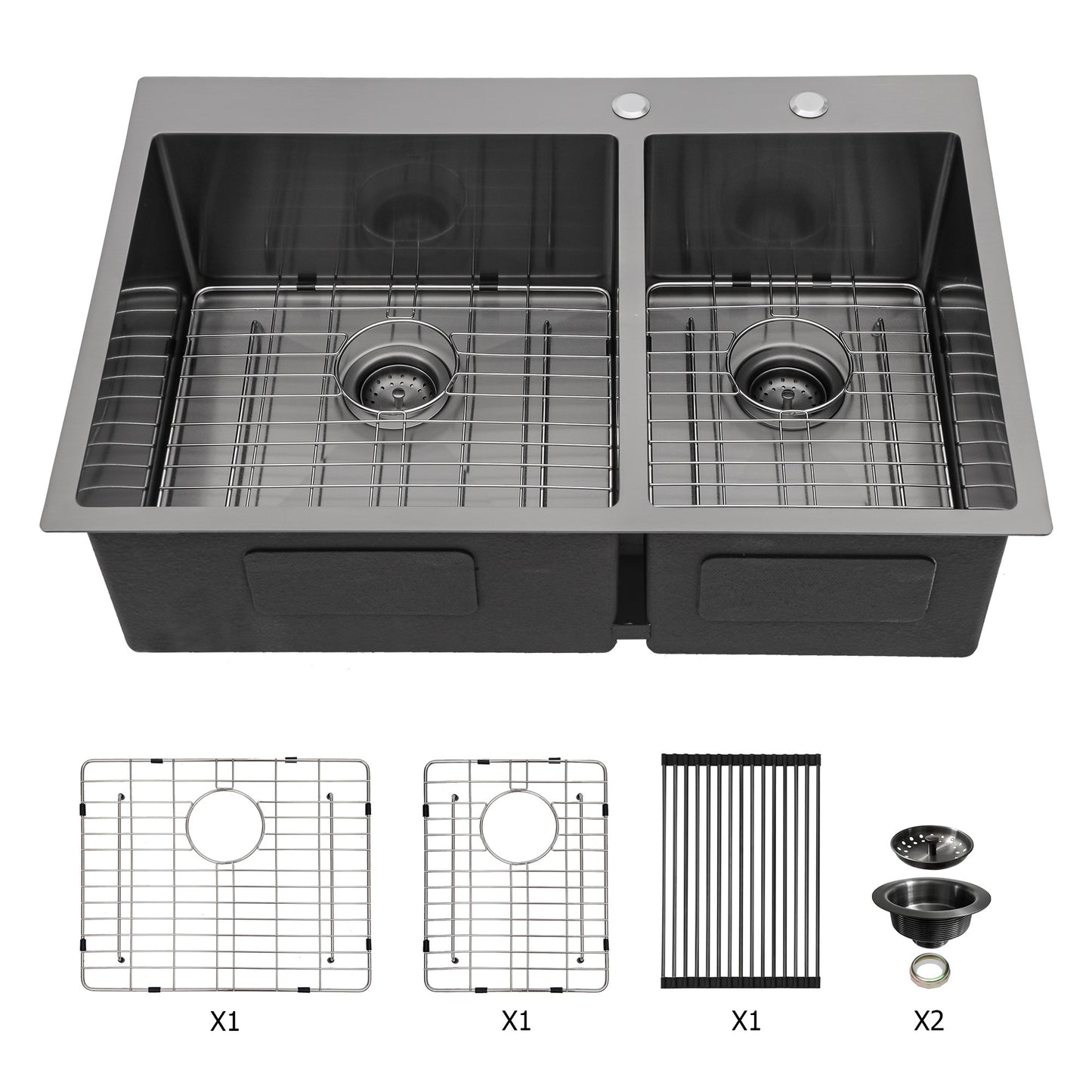 Lucvara Gunmetal Black Double Bowl Kitchen Sink – 16 Gauge Stainless Steel, 33"x22" with Two 10" Deep Basins