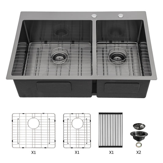Lucvara Gunmetal Black Double Bowl Kitchen Sink – 16 Gauge Stainless Steel, 33"x22" with Two 10" Deep Basins