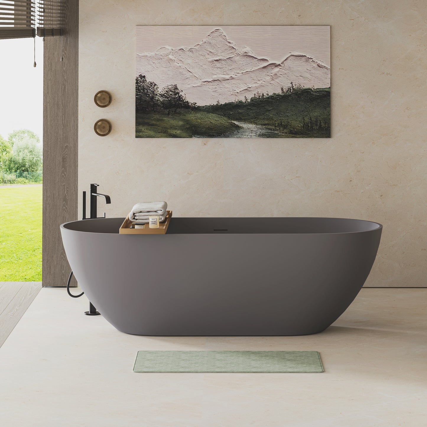 Lucvara 63" Luxury Solid Surface Bathtub, Engineered Stone Resin Freestanding Soaking Tub with Overflow & Pop-Up Drain, Matte Grey Modern Bathroom