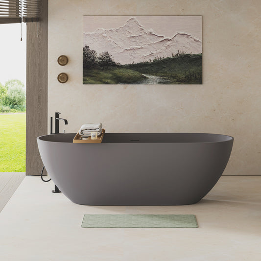 Lucvara 63" Luxury Solid Surface Bathtub, Engineered Stone Resin Freestanding Soaking Tub with Overflow & Pop-Up Drain, Matte Grey Modern Bathroom