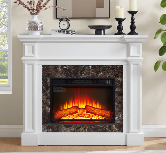 Lucvara Freestanding Electric Fireplace with Mantel – White Stacked Stone Surround, LED Flame Heater with Remote & Timer, 45.66″W × 11.8″D × 40″H