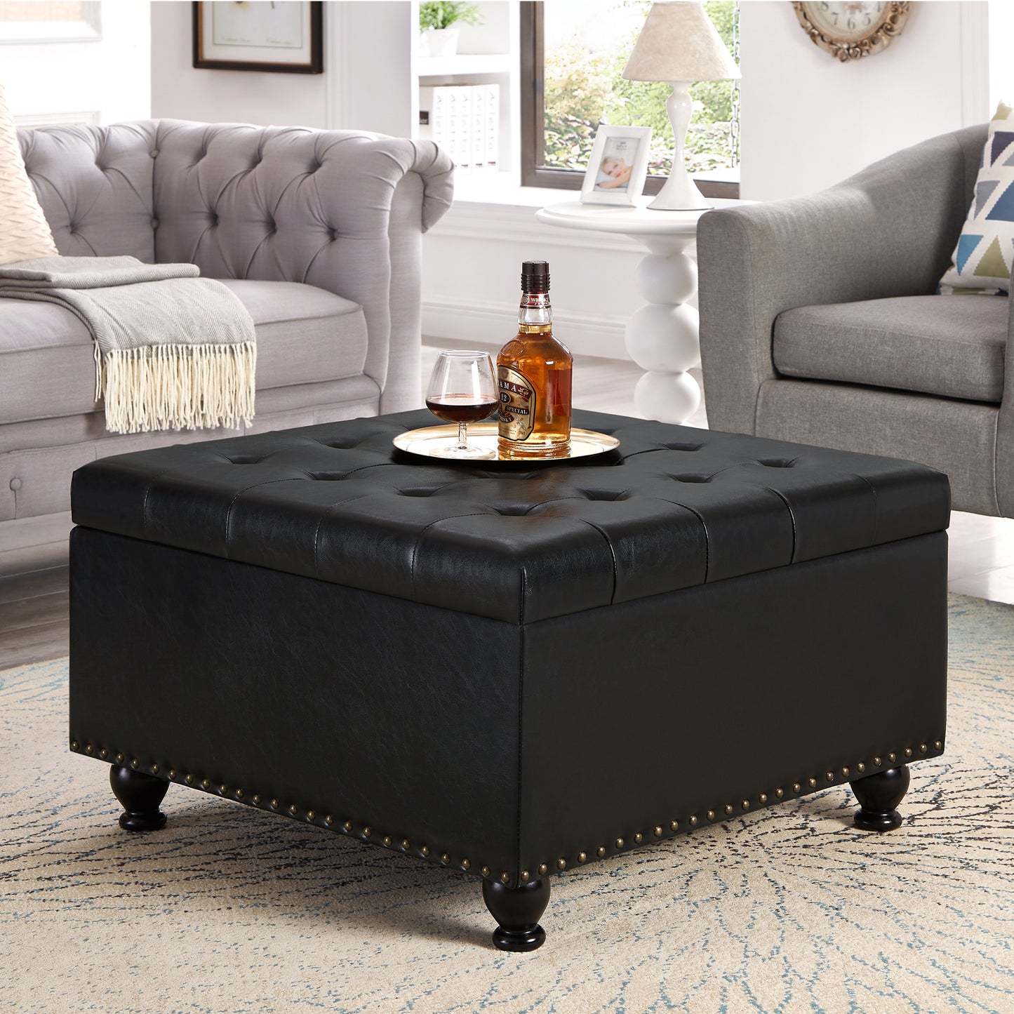 Lucvara Large Square Storage Ottoman, Upholstered Button-Tufted Coffee Table with Nailhead Trim and Wooden Legs, Black, for Living Room