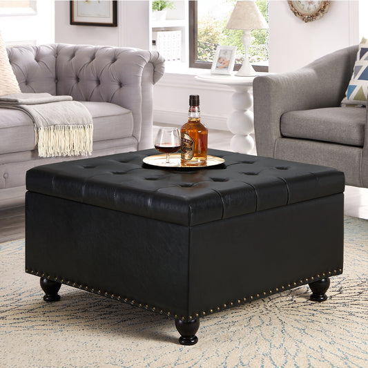Lucvara Large Square Storage Ottoman, Upholstered Button-Tufted Coffee Table with Nailhead Trim and Wooden Legs, Black, for Living Room