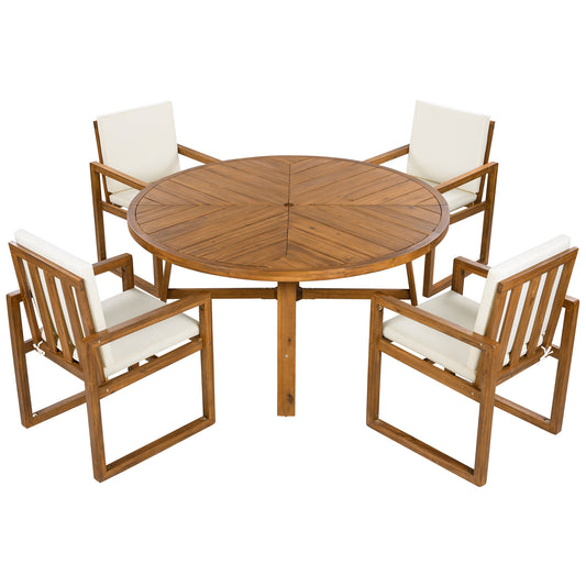Lucvara 5-Piece Patio Dining Set – Solid Acacia Wood Outdoor Table with 4 Armchairs & Beige Cushions