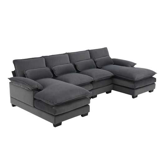 Lucvara Modern U-Shaped Sectional Sofa, 6-Seat Velvet Upholstered Sleeper Sofa with Chaise Lounge and Waist Pillows, Gray (109.8" x 55.9")