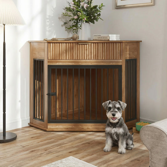 44.6'' Corner MDF Dog Crate Furniture for Small/Medium Dogs, Decorative Dog Kennel End Table with Fluted Drawer Storage, Modern Space-Saving Dog Cage Cabinet for Home Décor Indoor(Walnut)