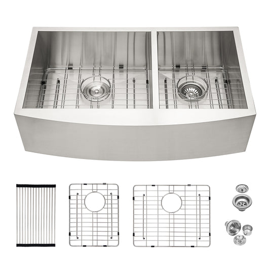 Lucvara Double Bowl Farmhouse Kitchen Sink – 33"x20" Stainless Steel Undermount Apron Front with Two 9" Deep Basins
