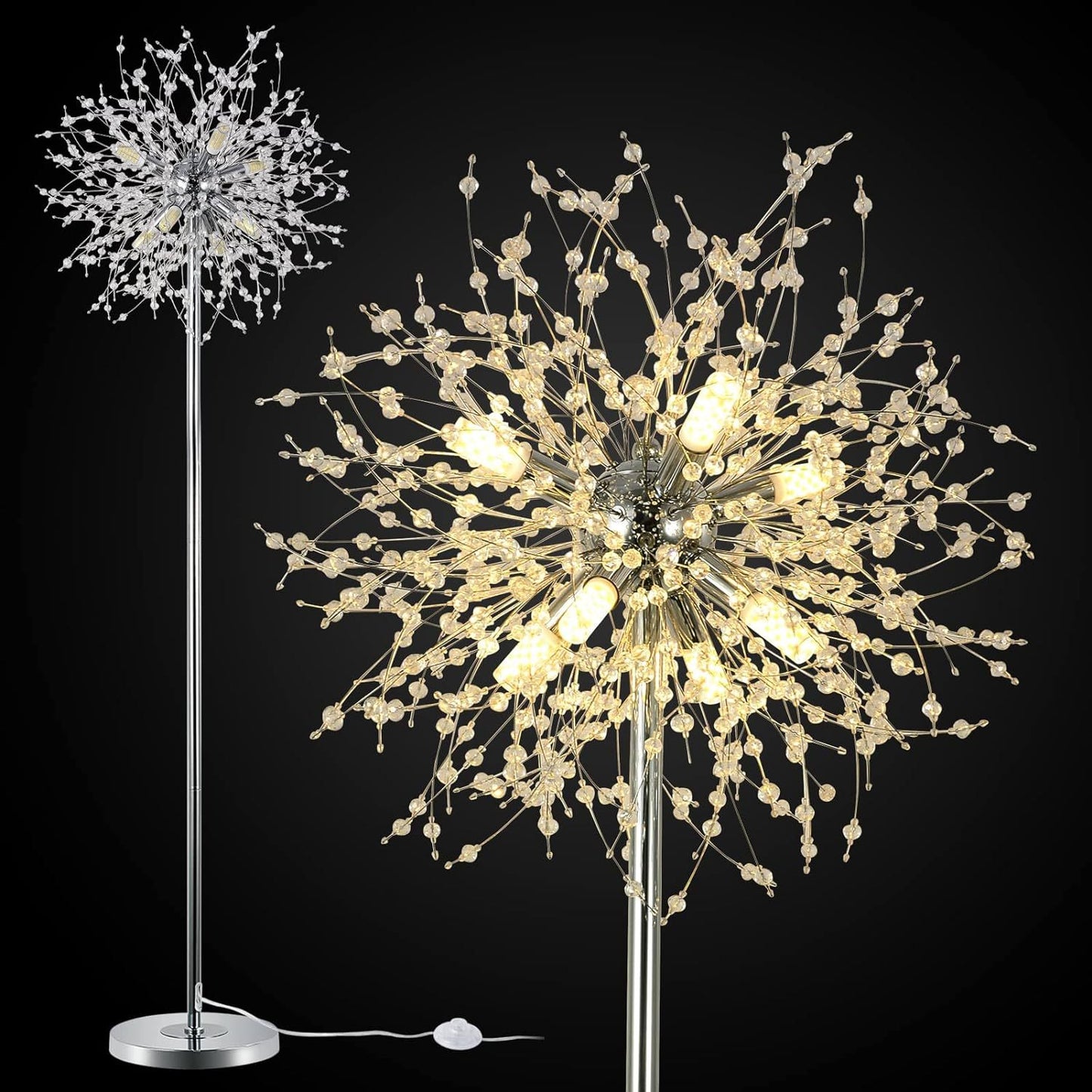 Lucvara Crystal Floor Lamp, 69" Tall Chrome Standing Lamp with 32 Firework Crystals, Elegant Modern Lighting for Living Room, Bedroom, or Room Decor