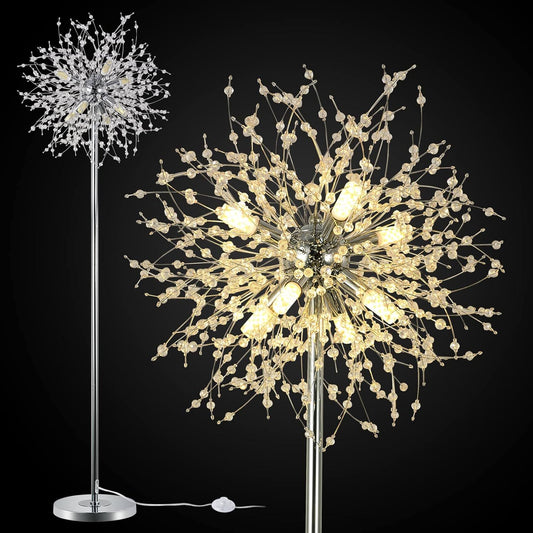 Lucvara Crystal Floor Lamp, 69" Tall Chrome Standing Lamp with 32 Firework Crystals, Elegant Modern Lighting for Living Room, Bedroom, or Room Decor