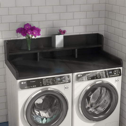 Lucvara Washer Dryer Countertop Shelf – Non-Slip Laundry Wood Topper with Edge, Double-Layer Organizer, 54"x27.5", Storage for Washer & Dryer, Laundry Hamper, Black